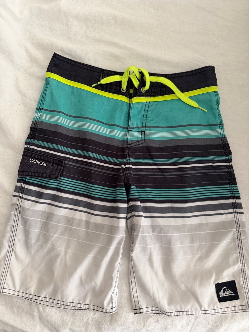 Quiksilver Teal, Black & Neon Yellow Stripe Boardshorts